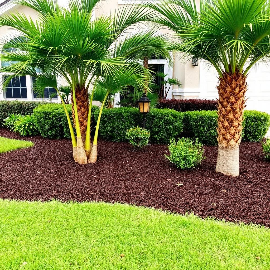 Fresh mulch bed around palms at a Melbourne, FL home